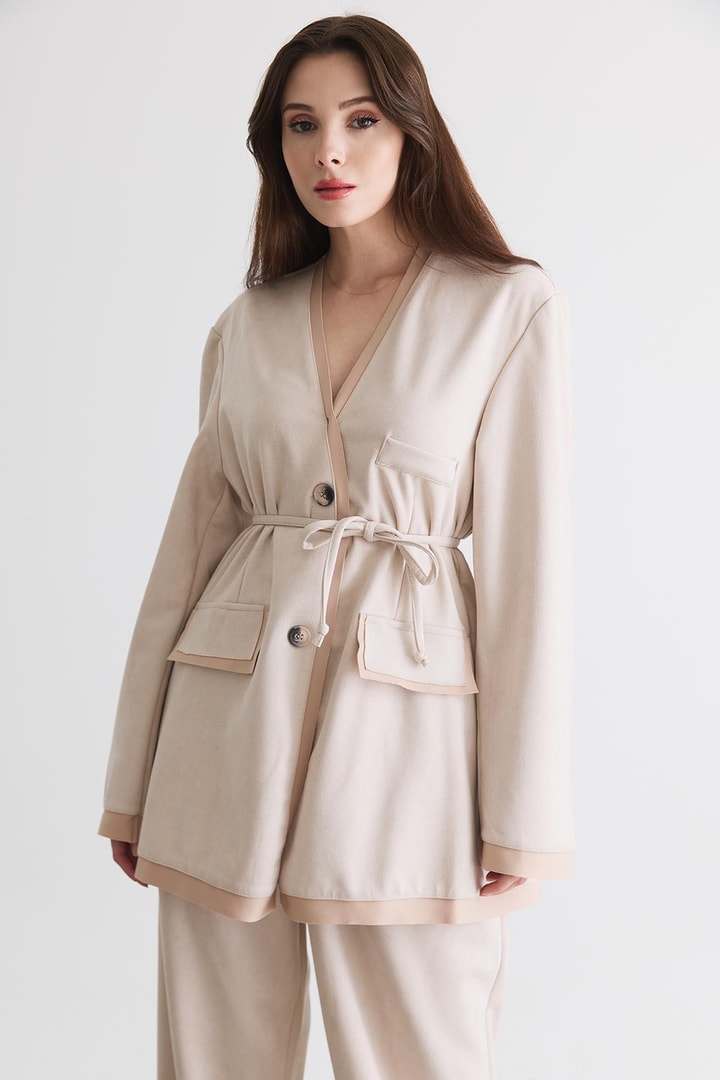 Şerit Detaylı Blazer Ceket Takım - Pudra