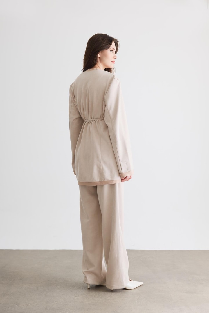 Şerit Detaylı Blazer Ceket Takım - Pudra