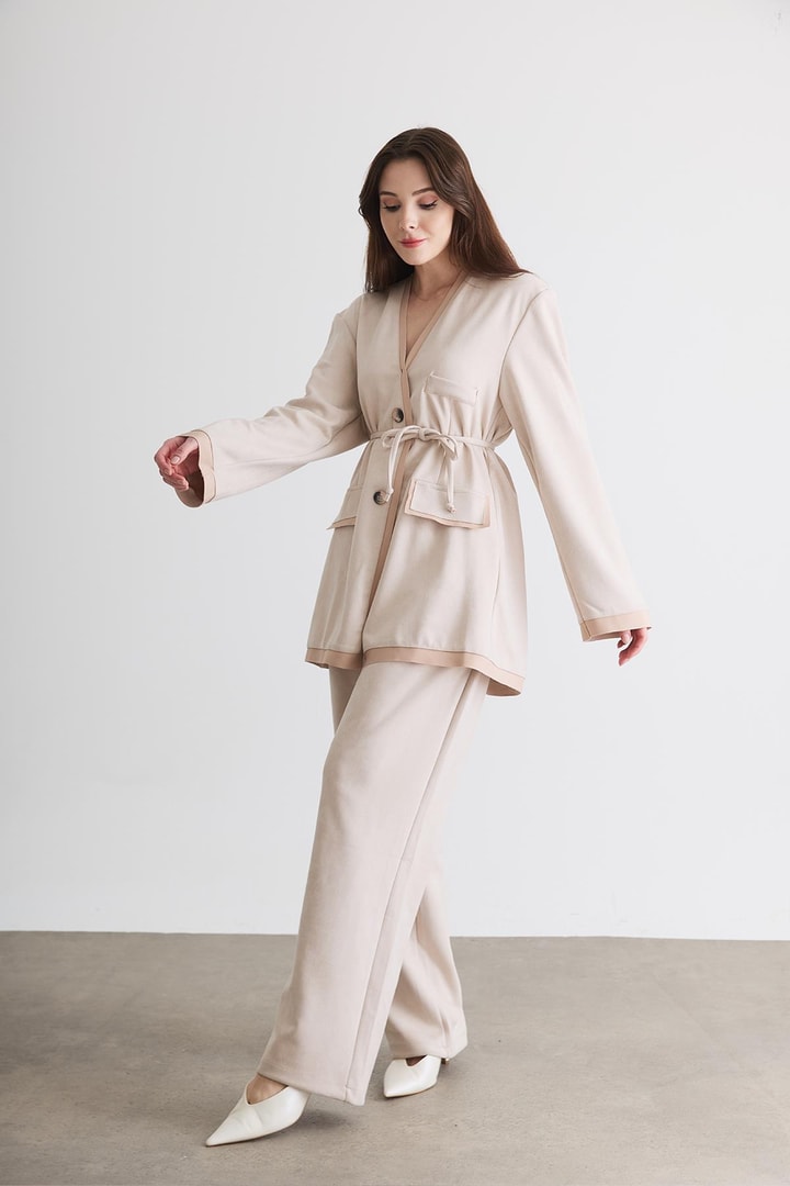 Şerit Detaylı Blazer Ceket Takım - Pudra