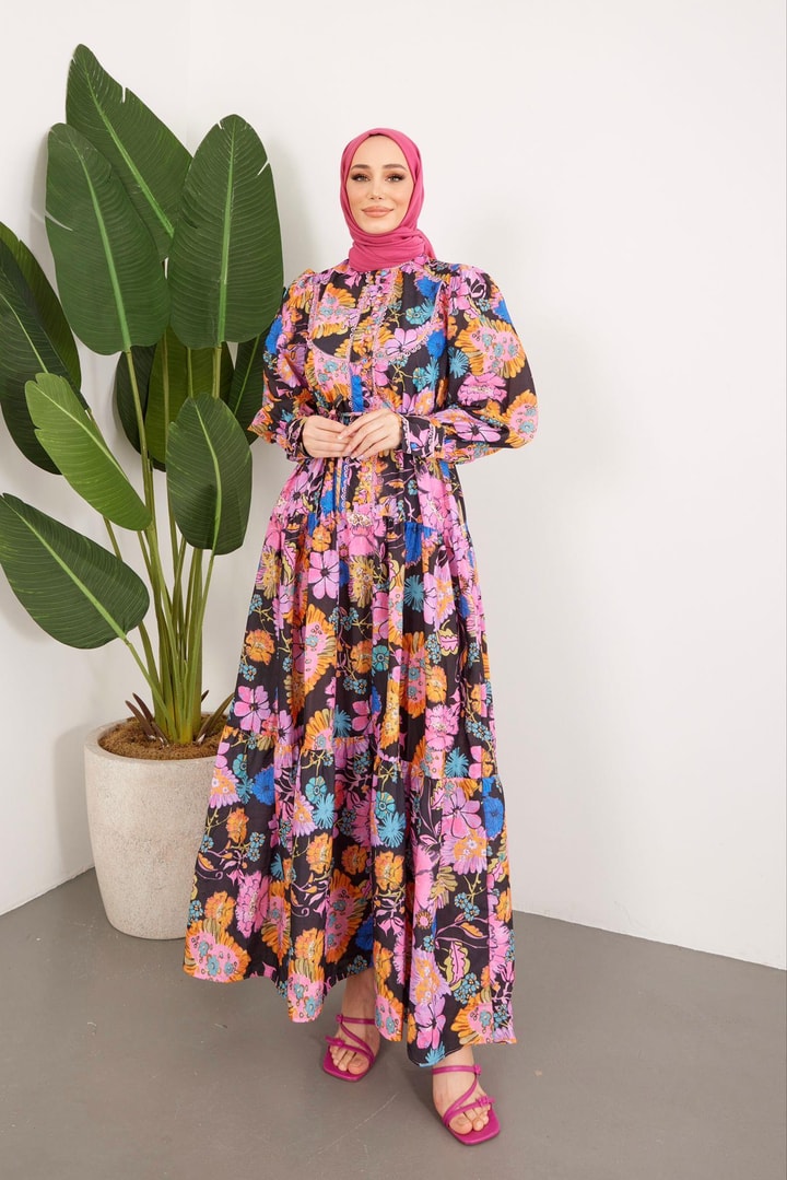 Şerit Detaylı Desenli  Elbise - Pembe