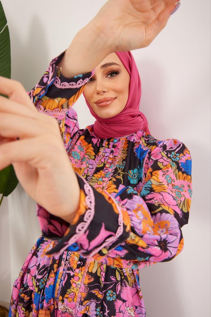 Şerit Detaylı Desenli  Elbise - Pembe