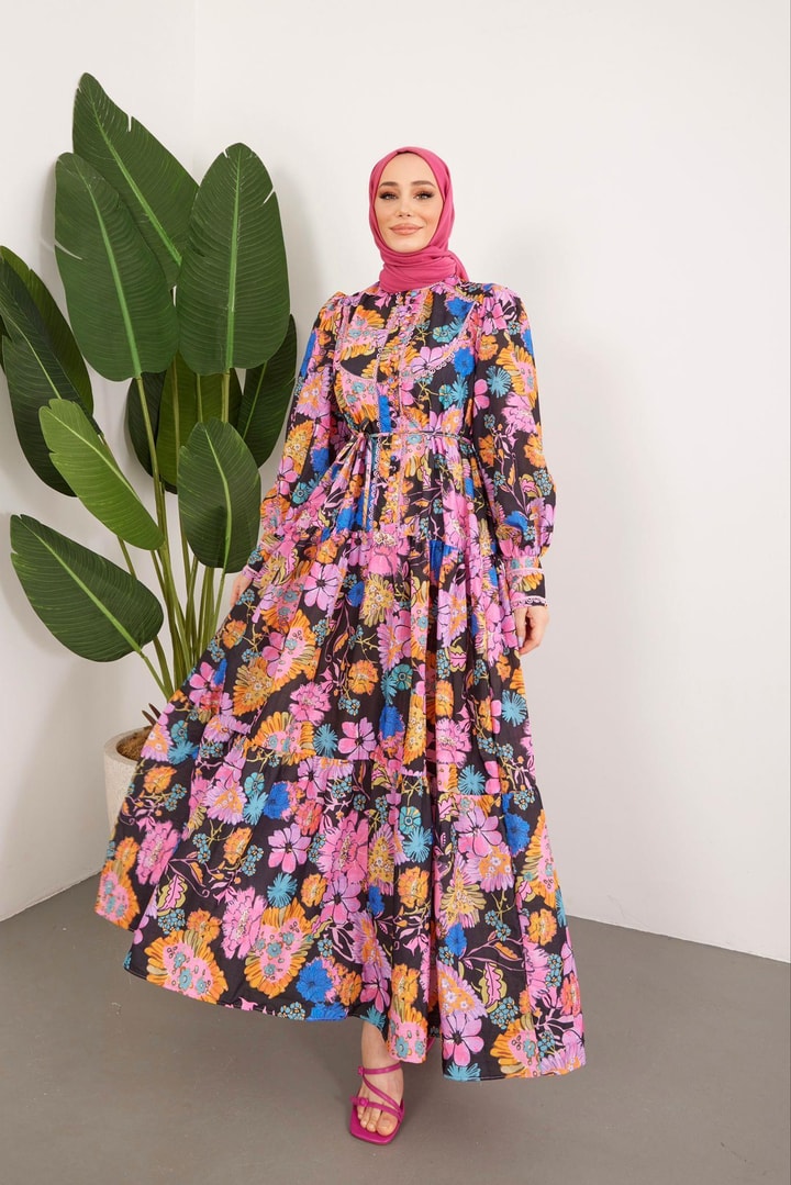 Şerit Detaylı Desenli  Elbise - Pembe