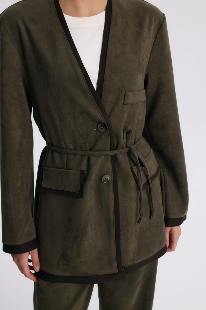 Şeritli Detaylı Blazer Ceket Takım - Haki