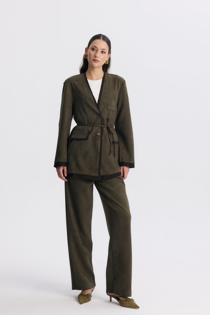 Şeritli Detaylı Blazer Ceket Takım - Haki