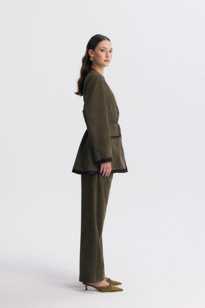 Şeritli Detaylı Blazer Ceket Takım - Haki