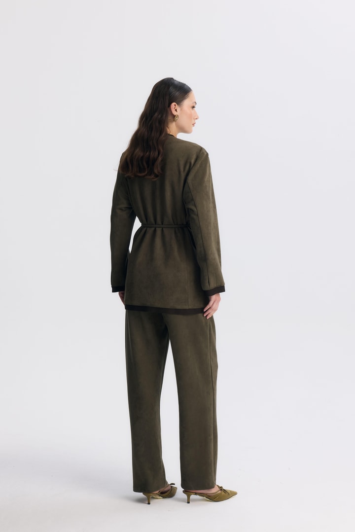Şeritli Detaylı Blazer Ceket Takım - Haki