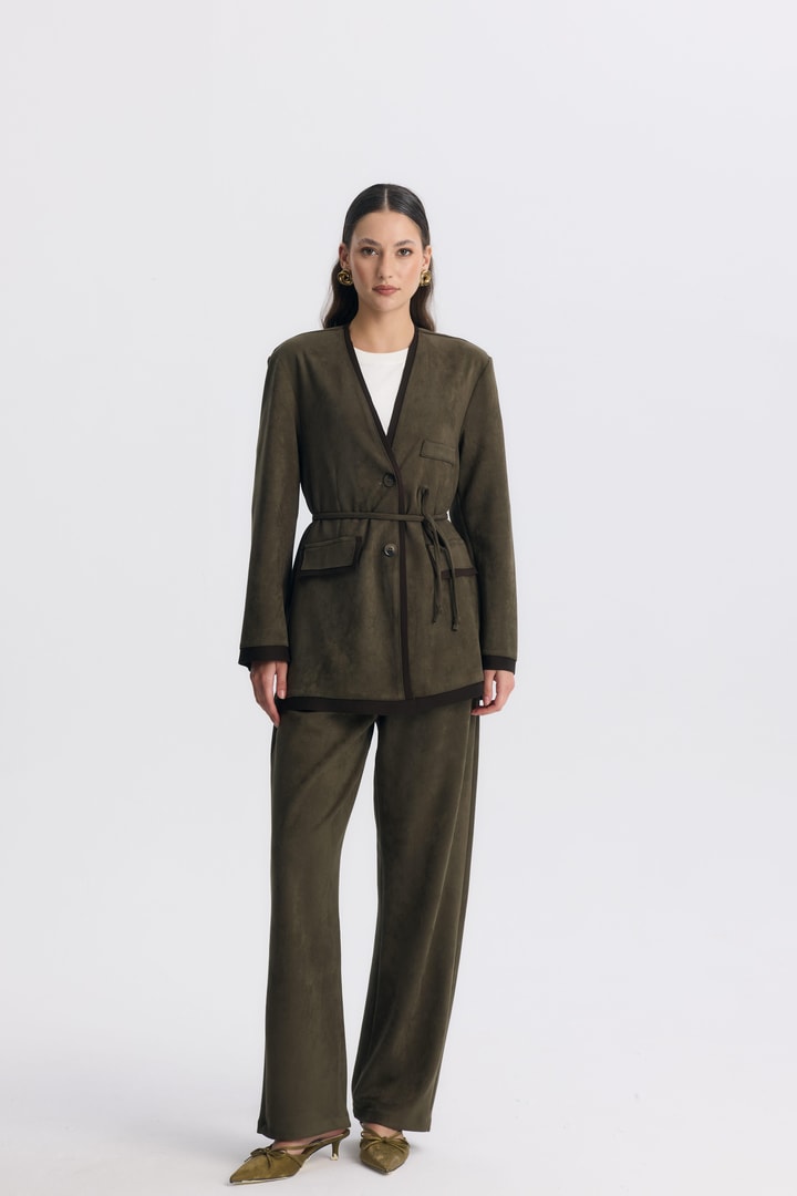 Şeritli Detaylı Blazer Ceket Takım - Haki