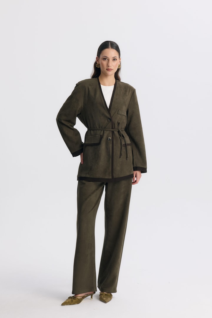 Şeritli Detaylı Blazer Ceket Takım - Haki