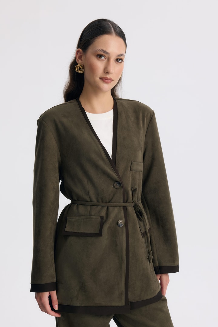 Şeritli Detaylı Blazer Ceket Takım - Haki