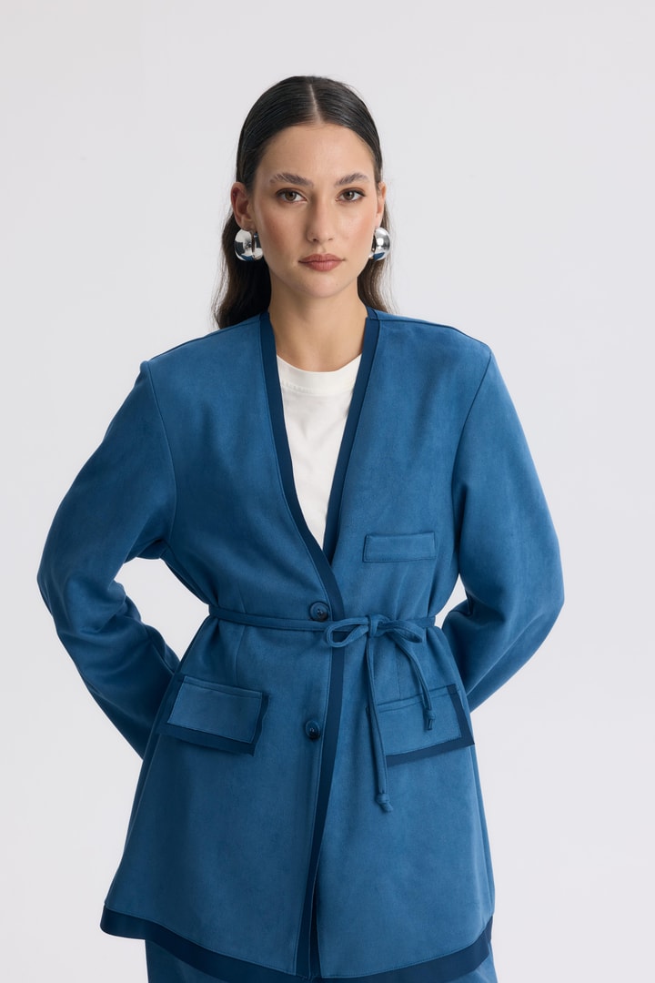 Şeritli Detaylı Blazer Ceket Takım - İndigo