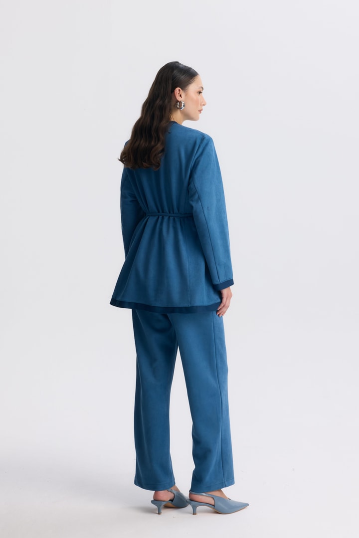 Şeritli Detaylı Blazer Ceket Takım - İndigo