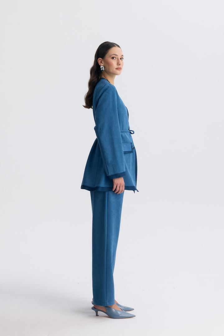 Şeritli Detaylı Blazer Ceket Takım - İndigo