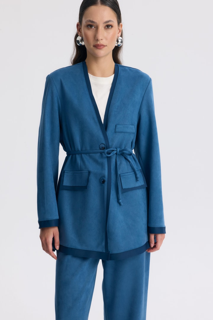 Şeritli Detaylı Blazer Ceket Takım - İndigo
