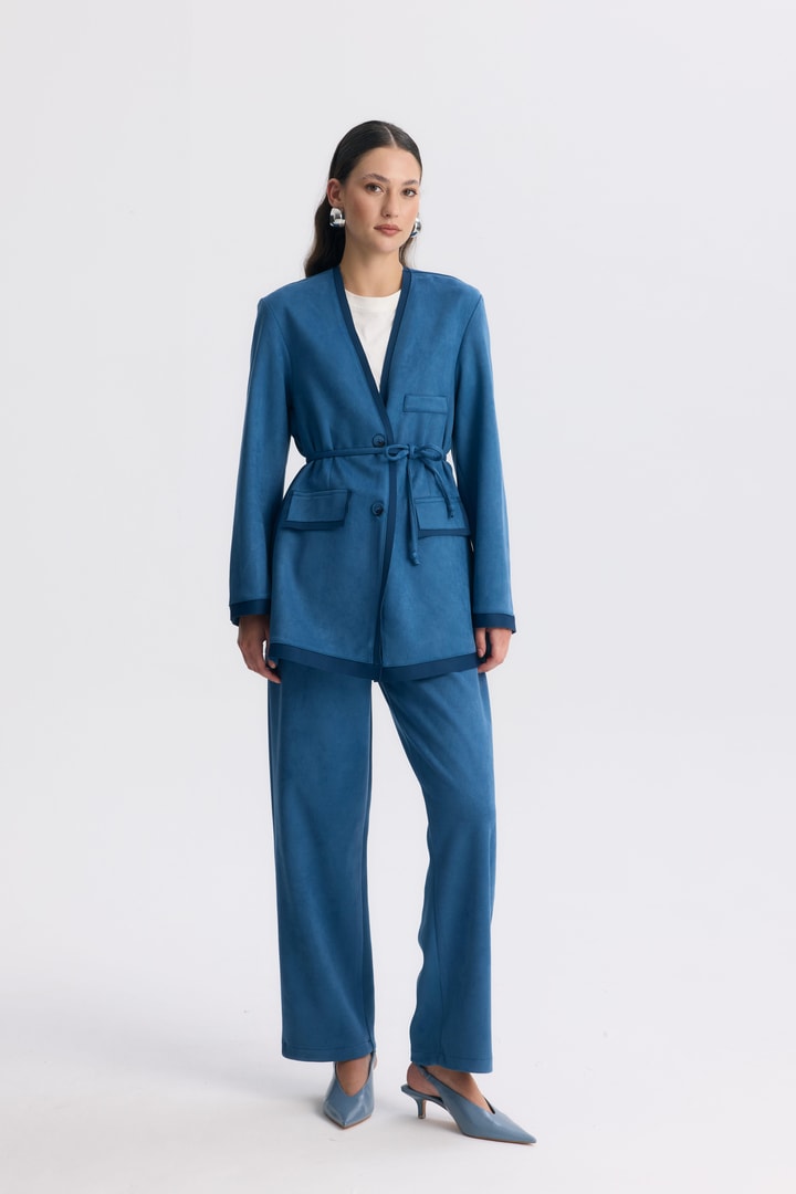 Şeritli Detaylı Blazer Ceket Takım - İndigo