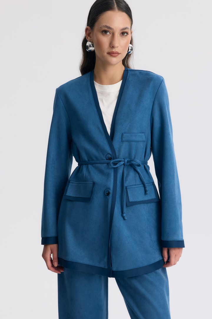 Şeritli Detaylı Blazer Ceket Takım - İndigo