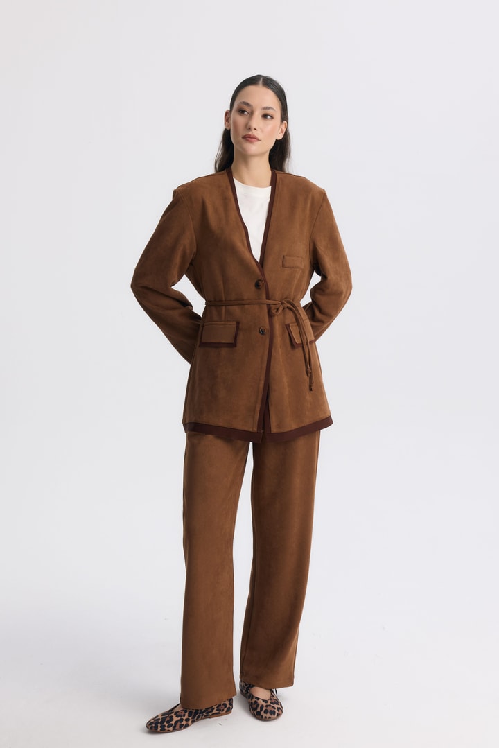 Şeritli Detaylı Blazer Ceket Takım - Kahve