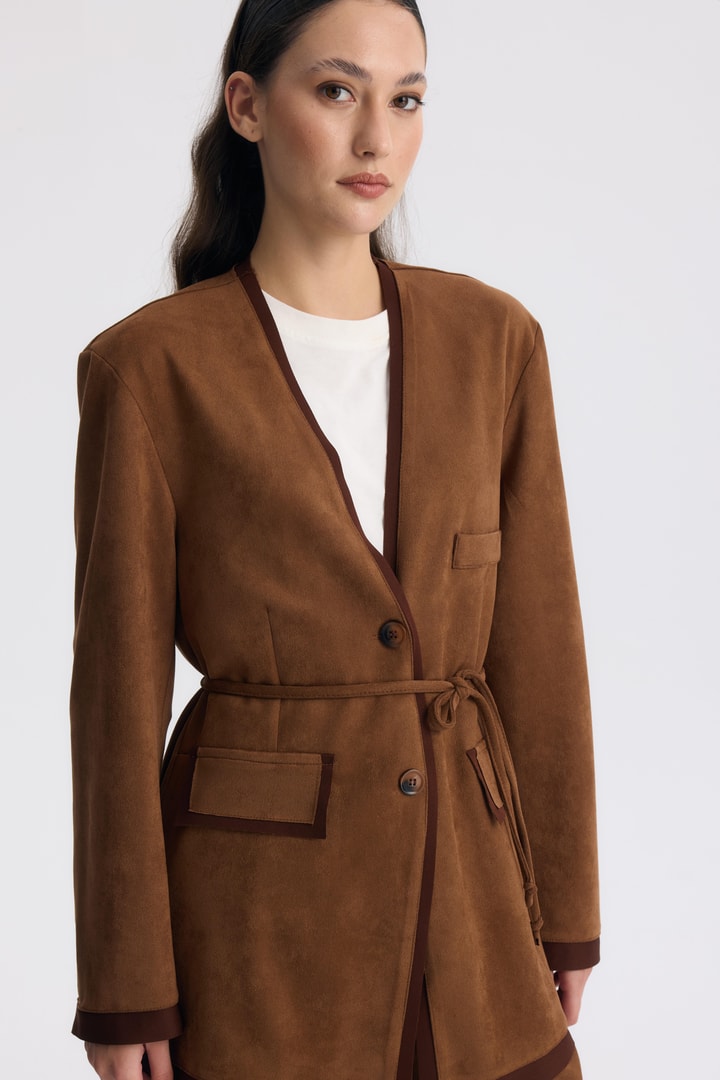 Şeritli Detaylı Blazer Ceket Takım - Kahve