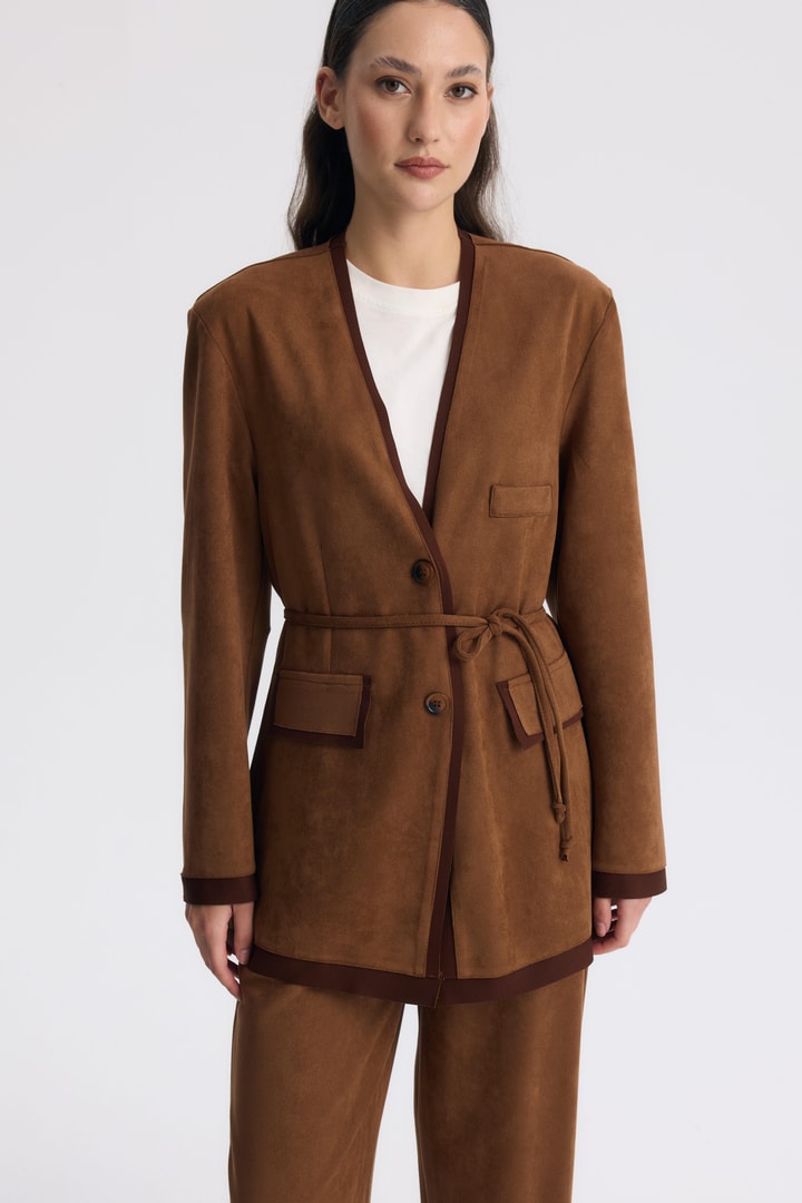 Şeritli Detaylı Blazer Ceket Takım - Kahve