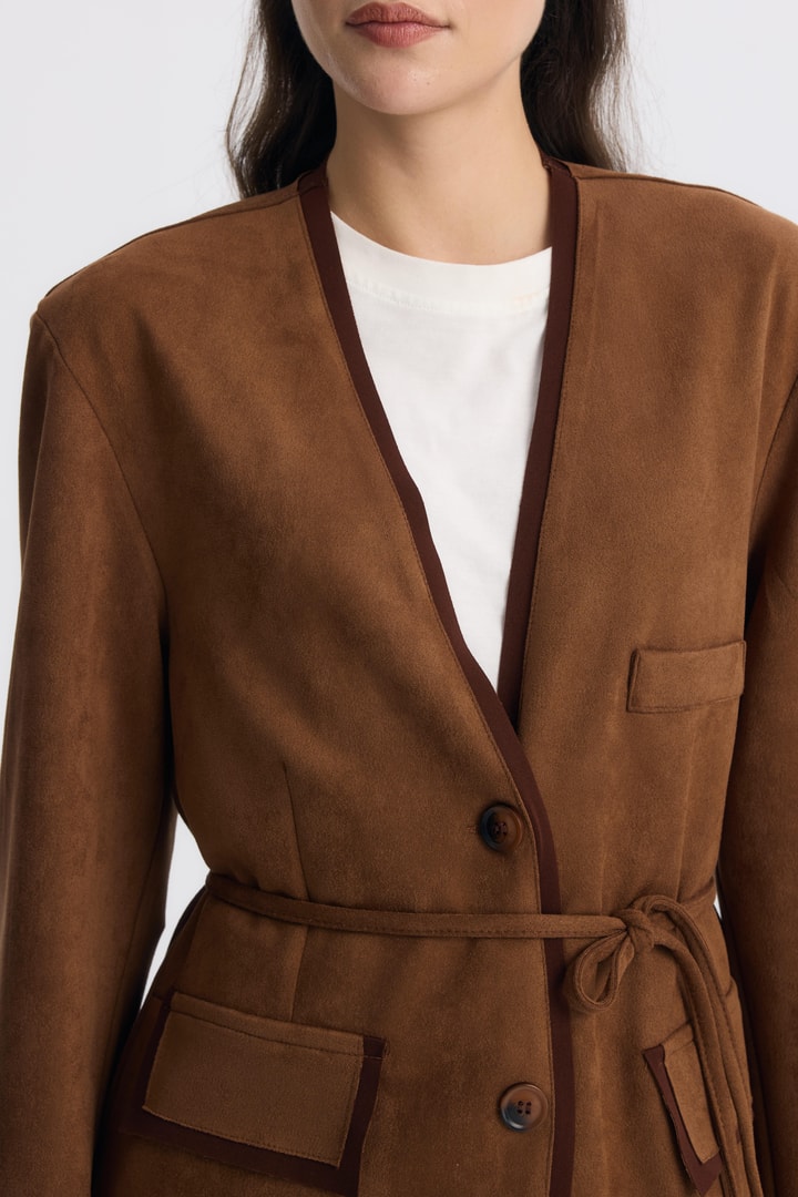 Şeritli Detaylı Blazer Ceket Takım - Kahve