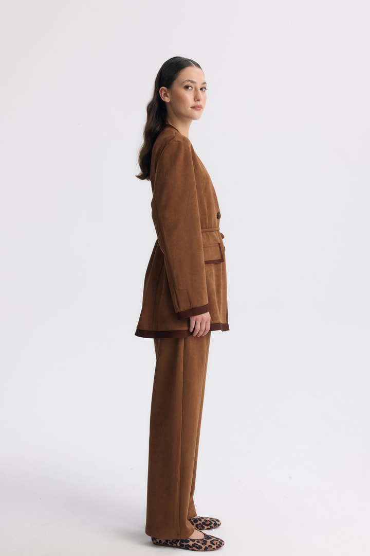Şeritli Detaylı Blazer Ceket Takım - Kahve