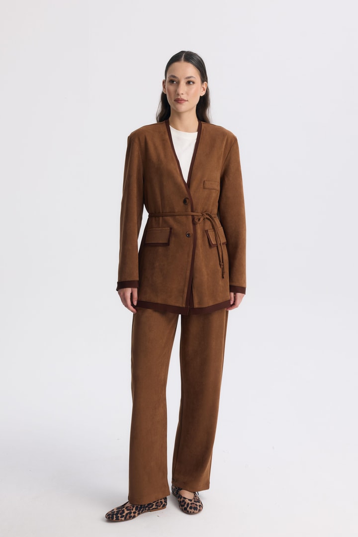 Şeritli Detaylı Blazer Ceket Takım - Kahve