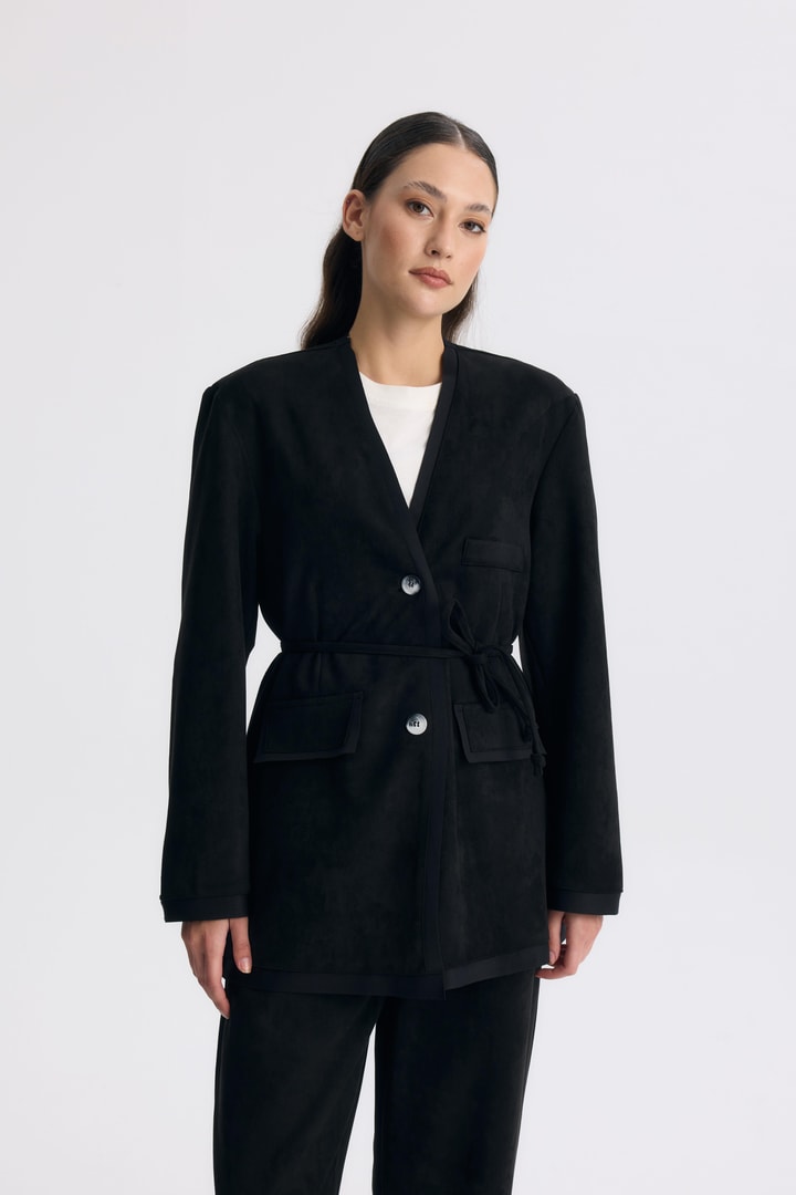 Şeritli Detaylı Blazer Ceket Takım - Siyah