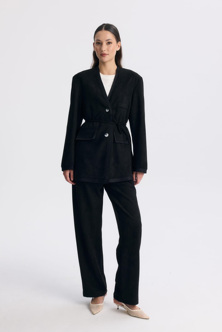 Şeritli Detaylı Blazer Ceket Takım - Siyah