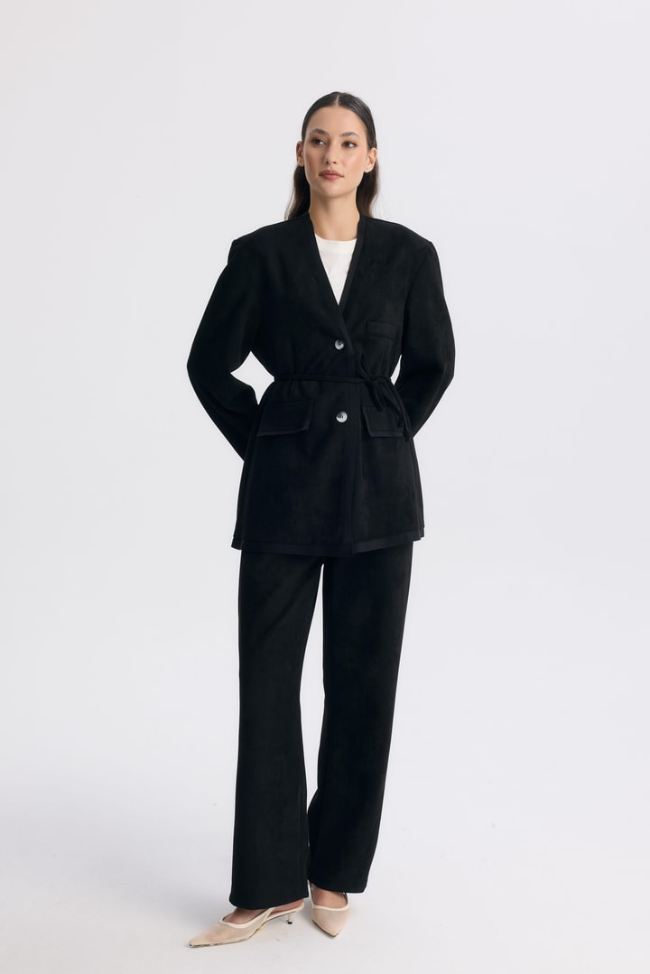 Şeritli Detaylı Blazer Ceket Takım - Siyah