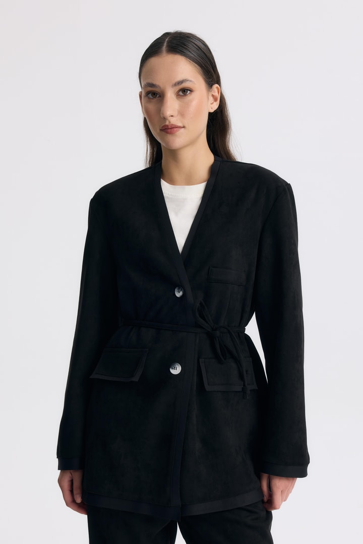 Şeritli Detaylı Blazer Ceket Takım - Siyah