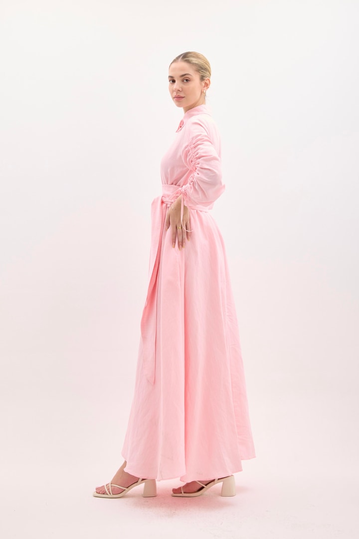 Sermia Kol Büzgülü Çizgili Elbise - Pembe