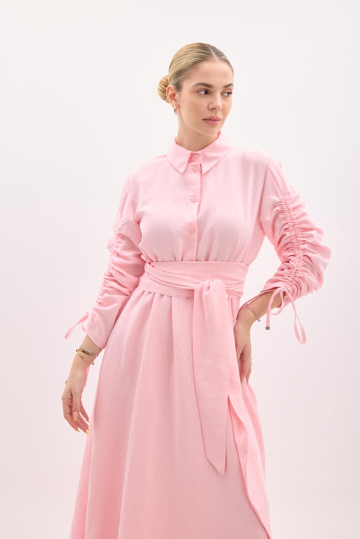 Sermia Kol Büzgülü Çizgili Elbise - Pembe