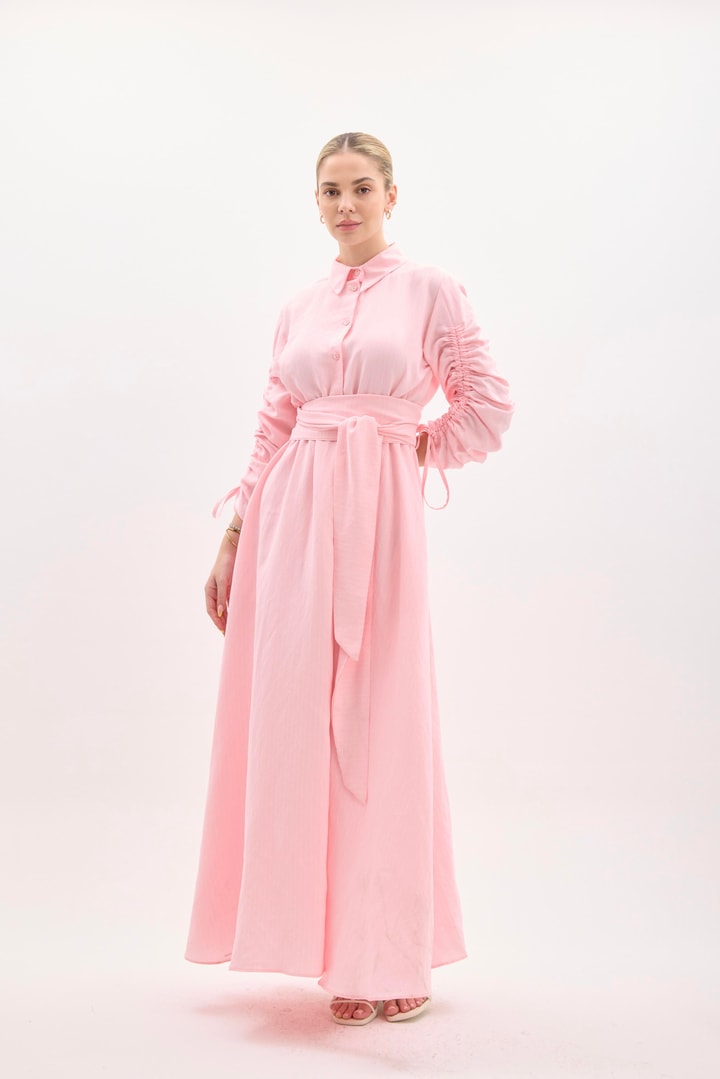 Sermia Kol Büzgülü Çizgili Elbise - Pembe
