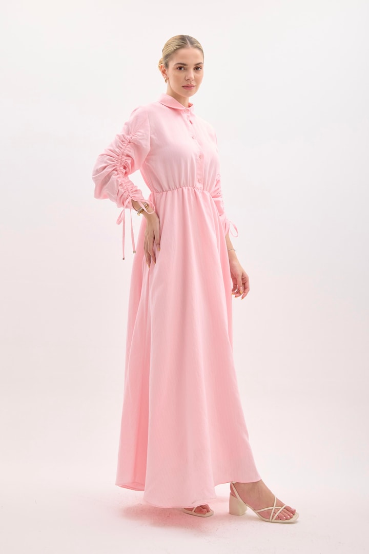 Sermia Kol Büzgülü Çizgili Elbise - Pembe