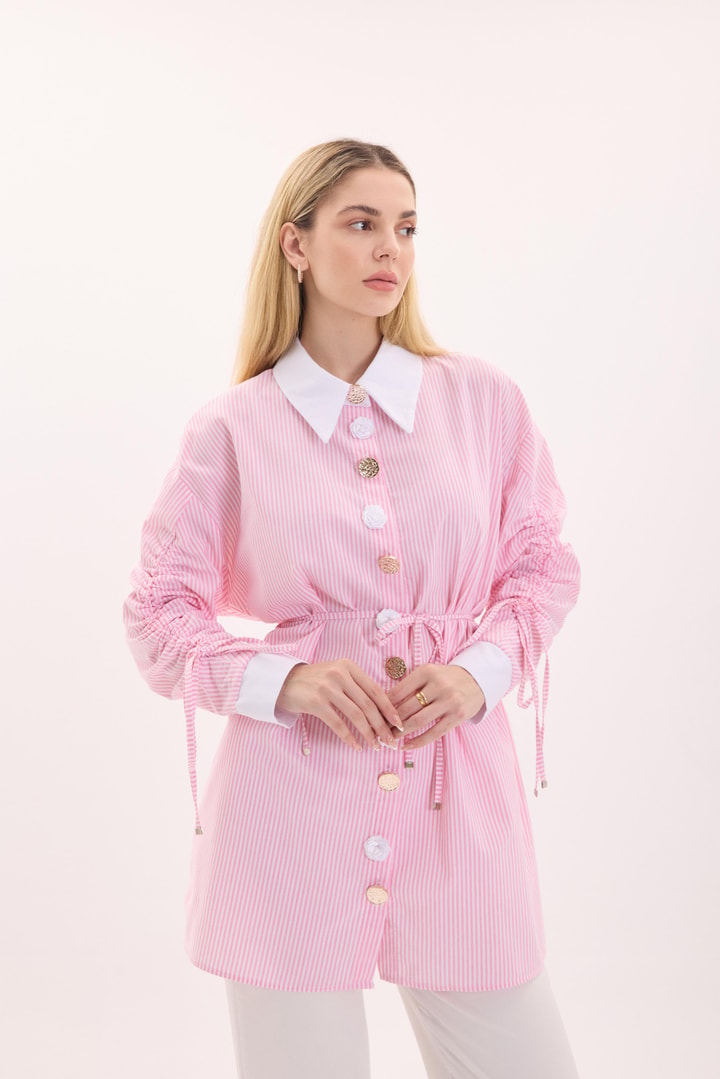 Sery Kol Büzgülü Düğme Detay Gömlek - Pembe