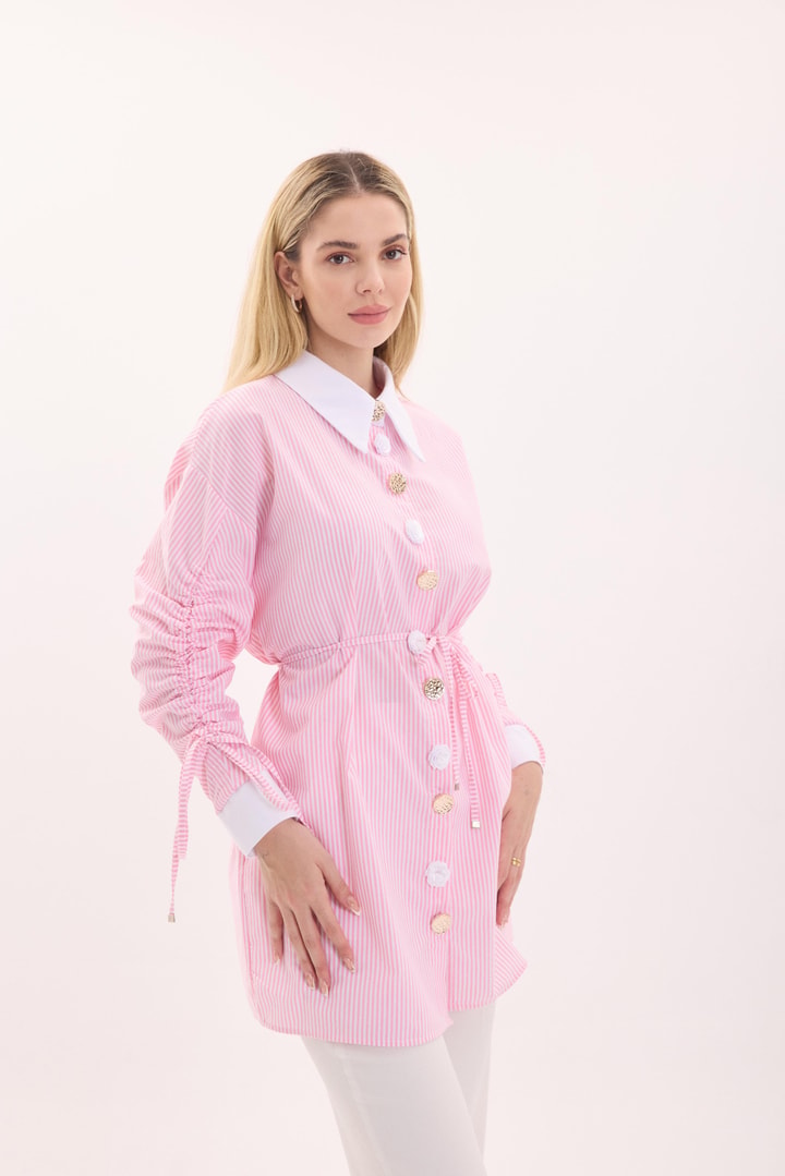 Sery Kol Büzgülü Düğme Detay Gömlek - Pembe