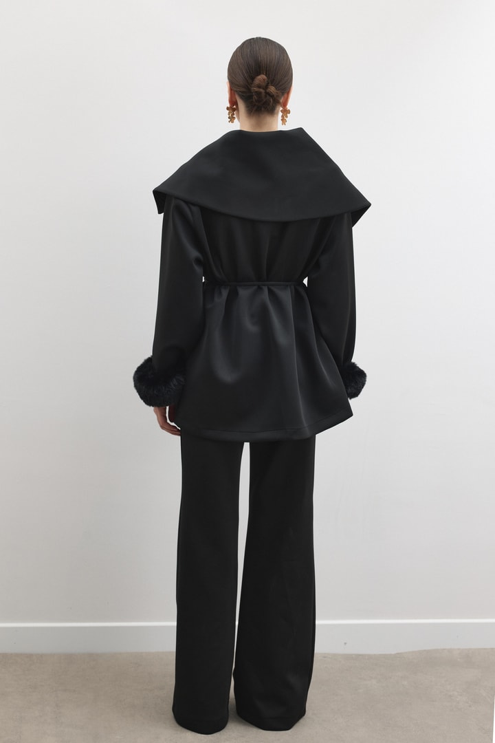 Seta Yaka Kürklü Geniş Yaka Scuba Takım - Siyah