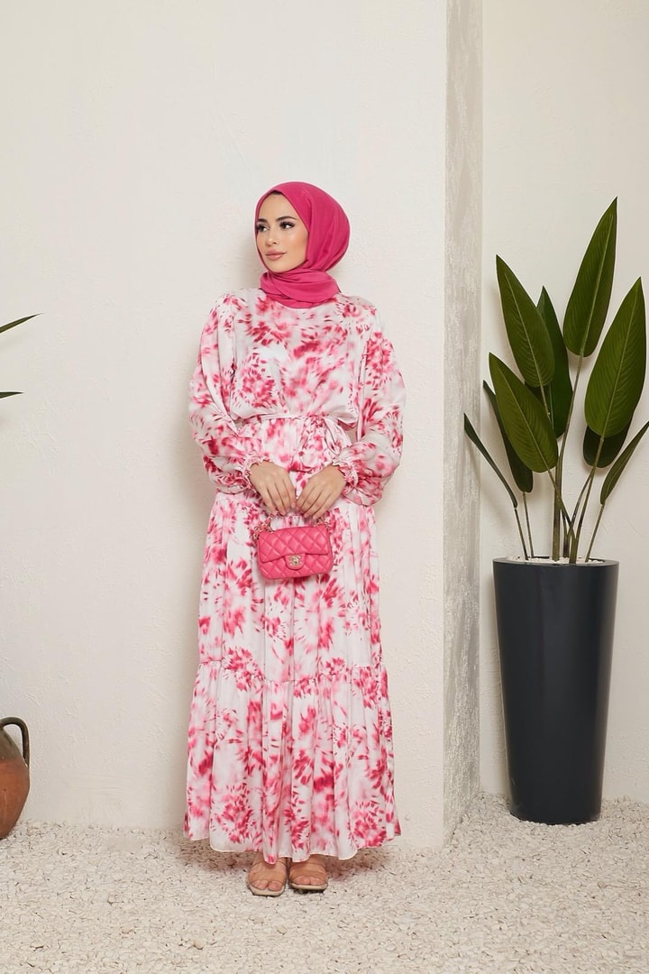 Sette Batik Desen Saten Elbise - Fuşya