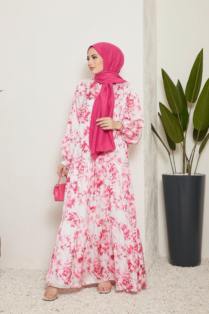 Sette Batik Desen Saten Elbise - Fuşya