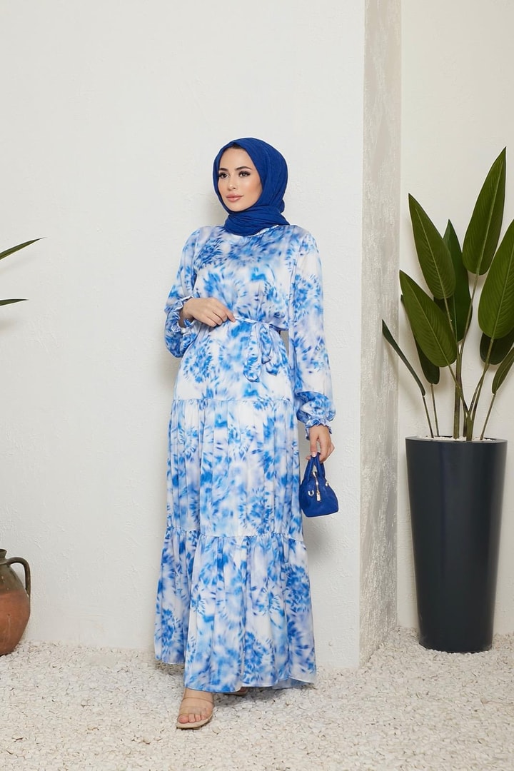 Sette Batik Desen Saten Elbise - Mavi