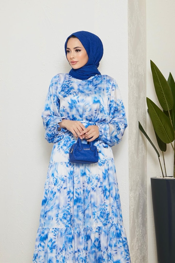 Sette Batik Desen Saten Elbise - Mavi