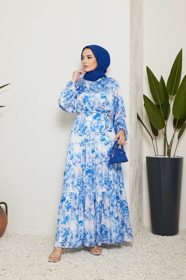 Sette Batik Desen Saten Elbise - Mavi