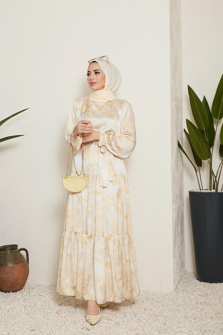 Sette Batik Desen Saten Elbise - Sarı