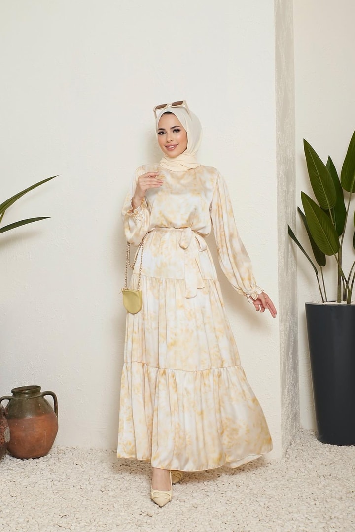 Sette Batik Desen Saten Elbise - Sarı