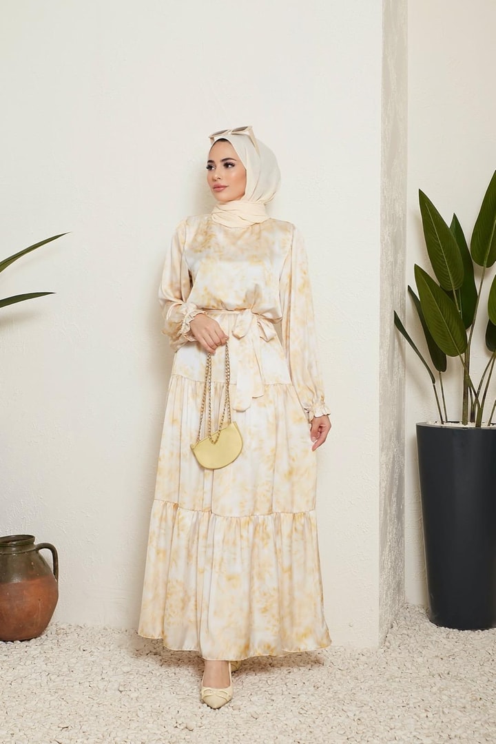 Sette Batik Desen Saten Elbise - Sarı