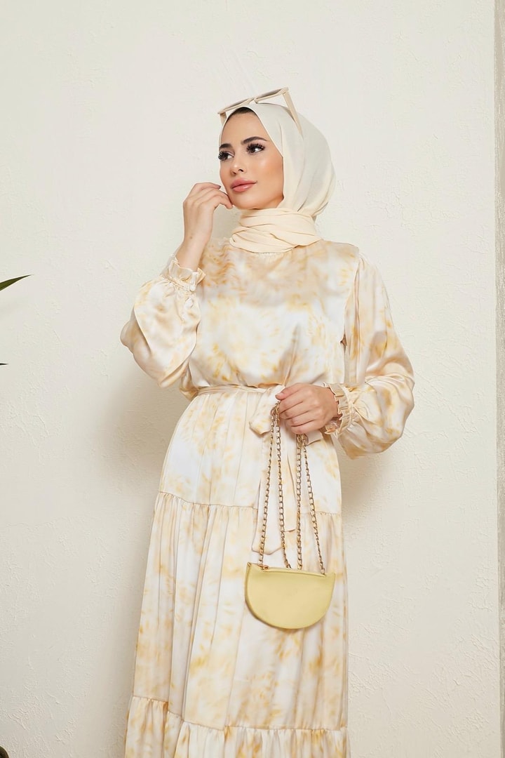 Sette Batik Desen Saten Elbise - Sarı