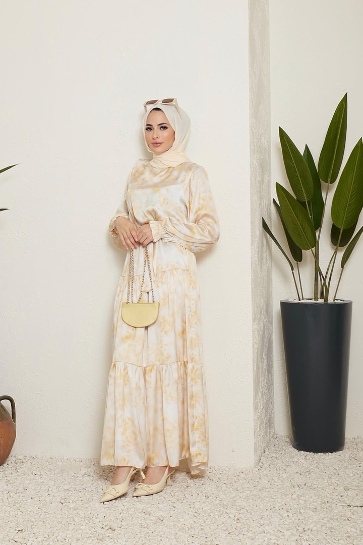 Sette Batik Desen Saten Elbise - Sarı