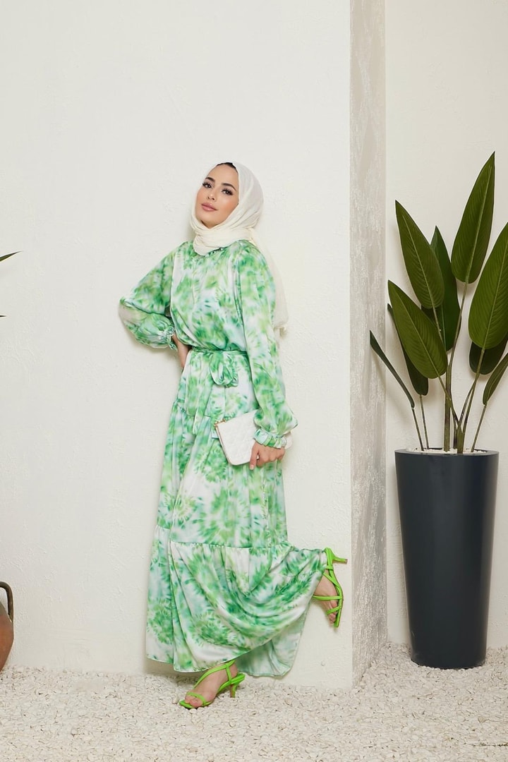 Sette Batik Desen Saten Elbise - Yeşil