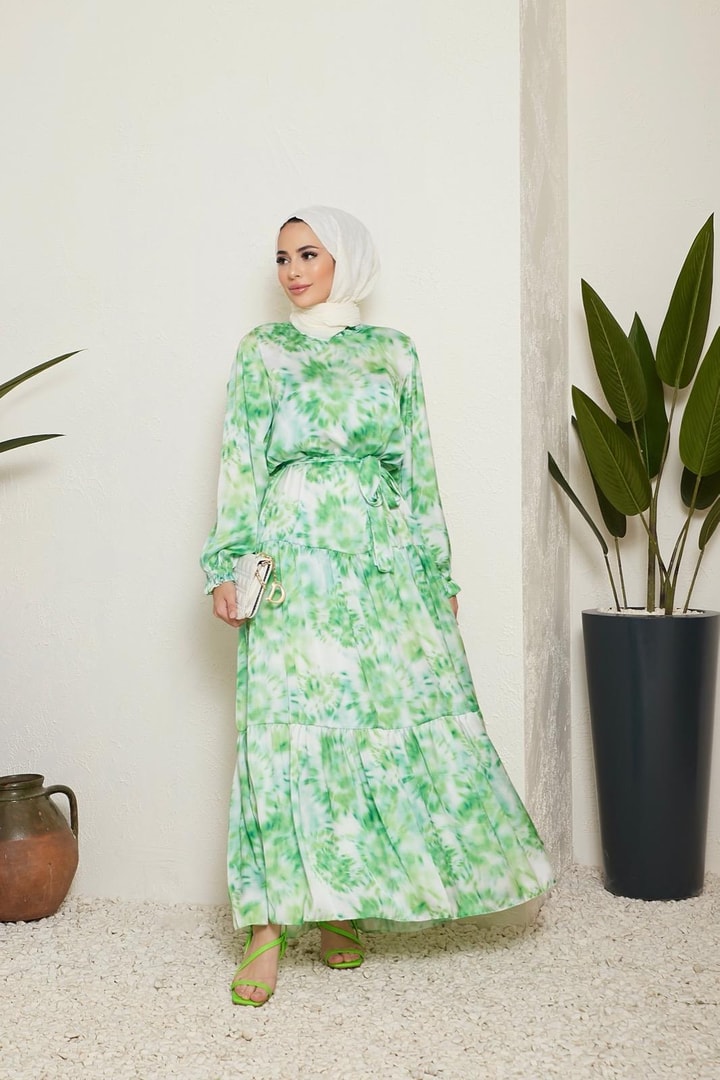 Sette Batik Desen Saten Elbise - Yeşil