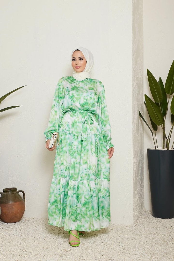 Sette Batik Desen Saten Elbise - Yeşil