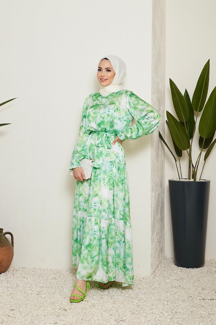 Sette Batik Desen Saten Elbise - Yeşil